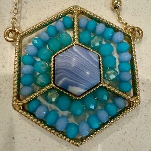Gold Hexagon Pendant Necklace with Blue Agate and Turquoise Beads